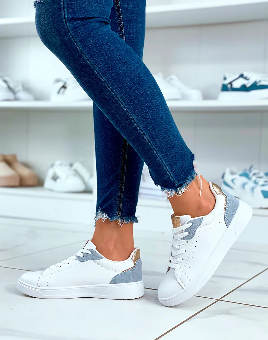 Baskets blanches à lacets avec détail bleu et doré pour femme 